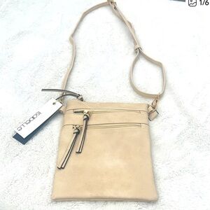 Beige Crossbody Shoulder Bag with Dual Zip Pockets vegan leather